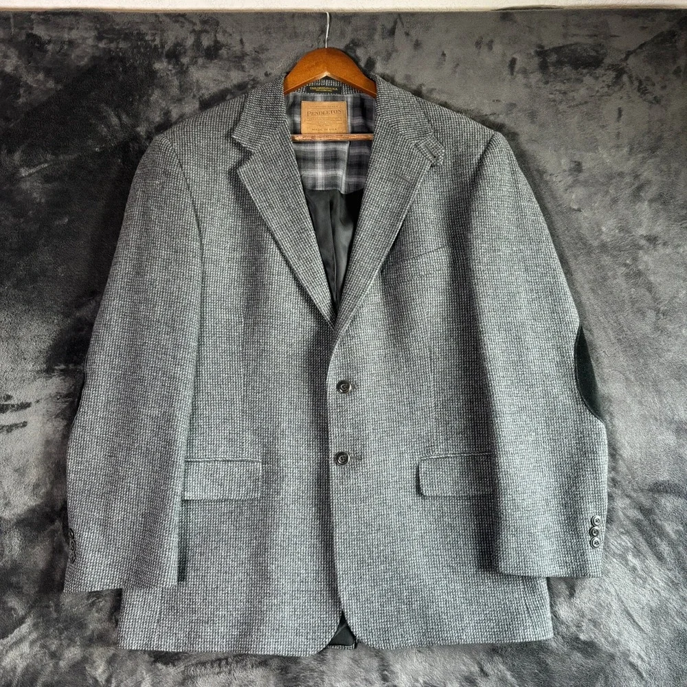 Pendleton Blazer 44R Gray Wool Houndstooth Suede Elbow Patches Heritage Academia